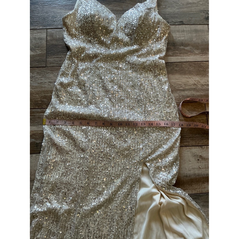 IEENA FOR MACDUGGAL SILVER SEQUIN SWEETHEART NECKLINE UBACK FRONT SLIT GOWN SZ 6 - Picture 14 of 16